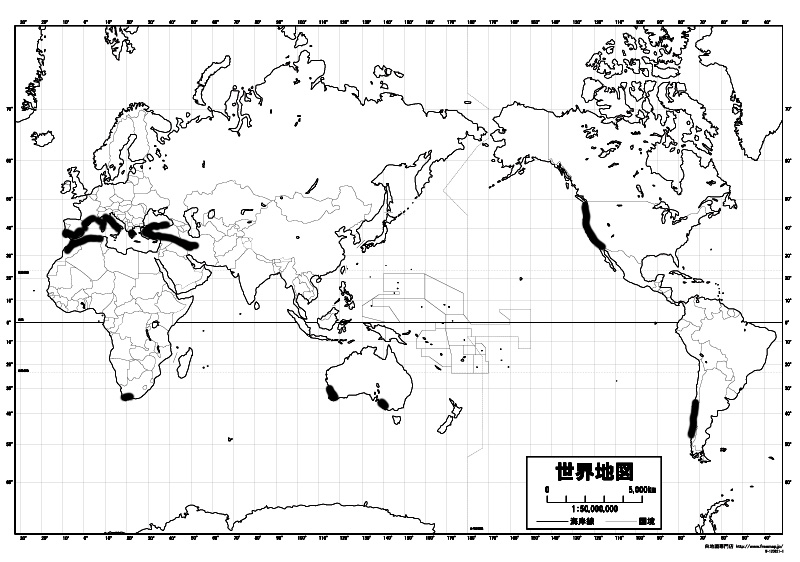 Cs気候（地中海性気候）の分布図